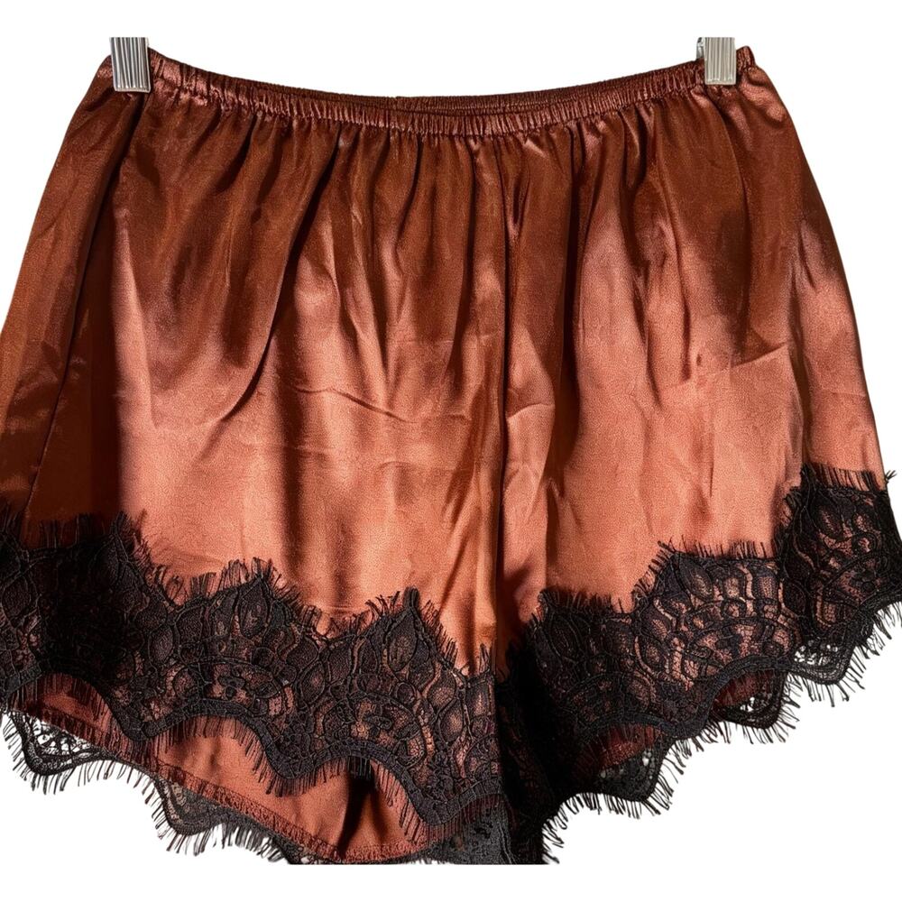 Luxe Nwt Chocolate Brown Satin + Black Lace Trim Shorts Small High Rise Lounge